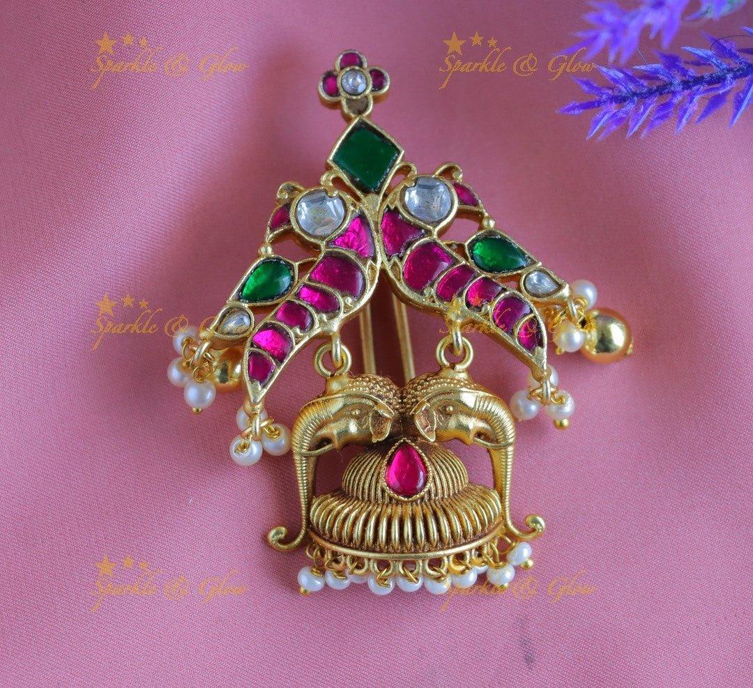 Grand Jadau Dual tone Peacock Elephant carved Jadabilla with pearls - Sparkle and Glow