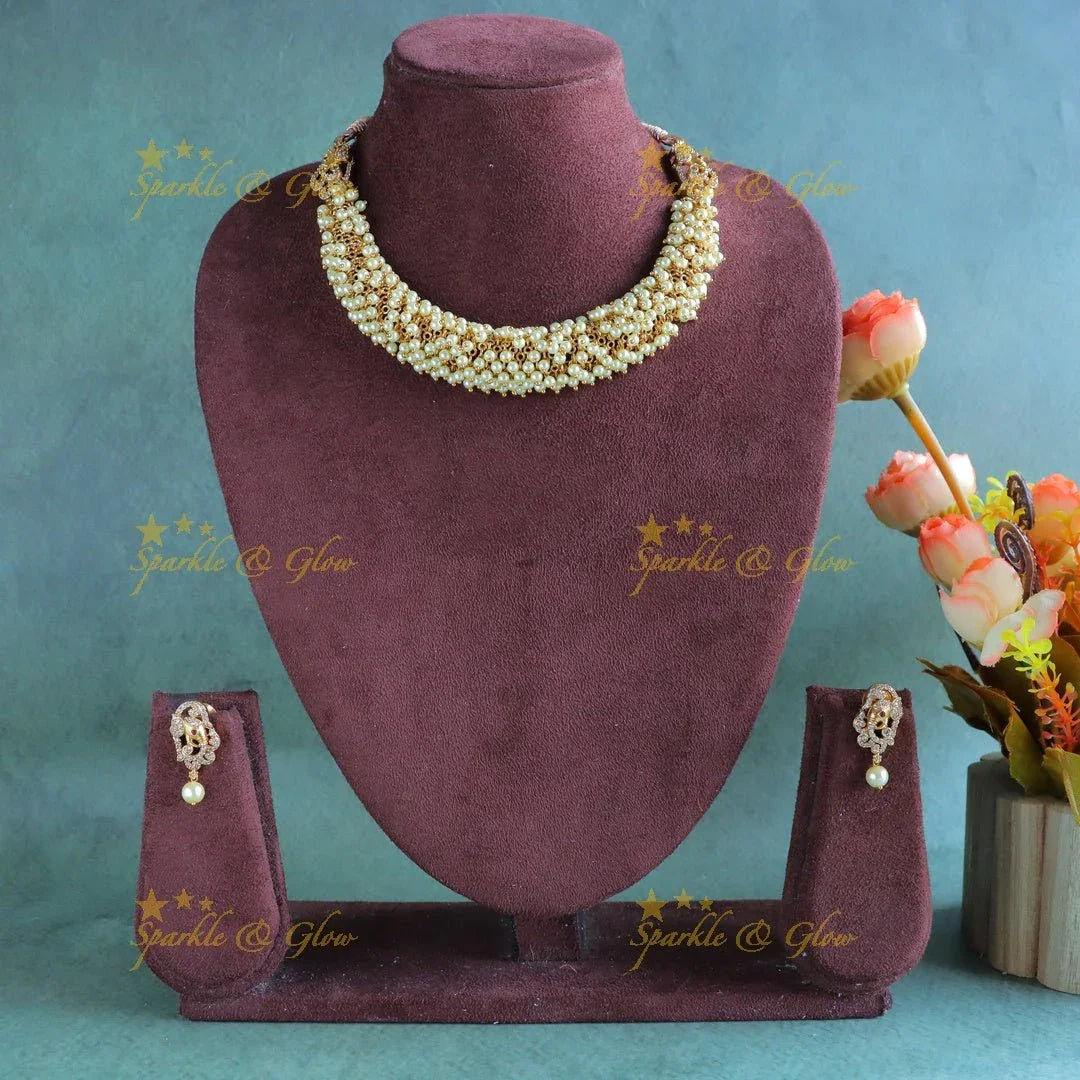 Gracious gold alike cluster Mintgreen beaded short necklace with Elephant Earrings - Sparkle and Glow
