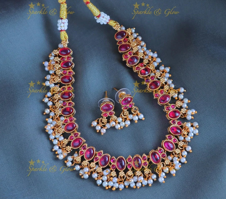 Stunning Oval Kemp stone short necklace with pearls-Ruby - Sparkle and Glow