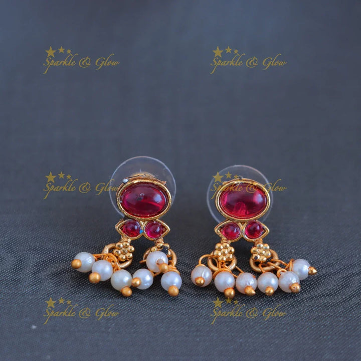 Stunning Oval Kemp stone short necklace with pearls-Ruby - Sparkle and Glow