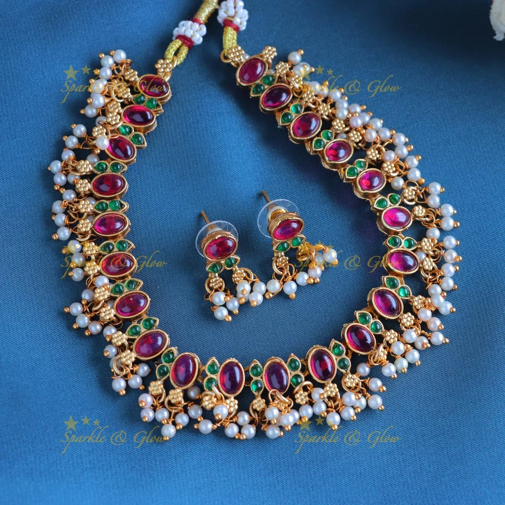 Stunning Oval Kemp stone short necklace with pearls-Ruby - Sparkle and Glow
