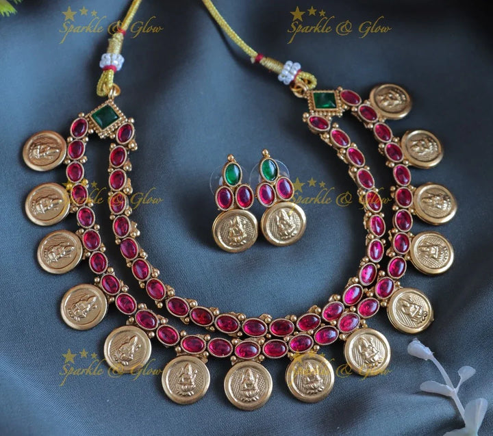 Gracious Oval Kemp layered coin short necklace-Ruby - Sparkle and Glow