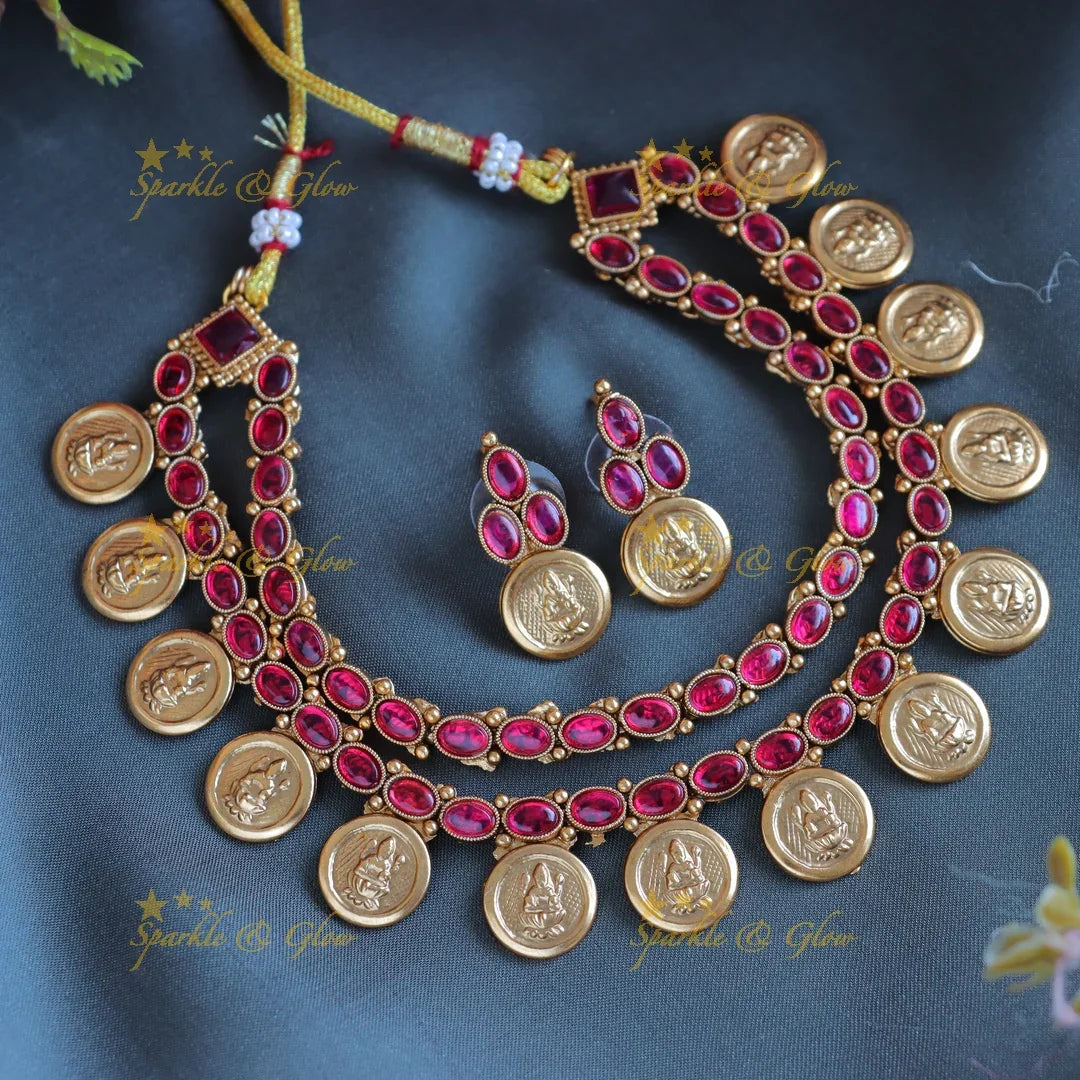 Gracious Oval Kemp layered coin short necklace-Ruby - Sparkle and Glow