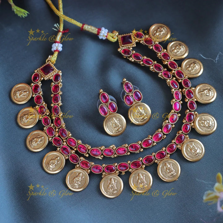 Gracious Oval Kemp layered coin short necklace-Ruby - Sparkle and Glow