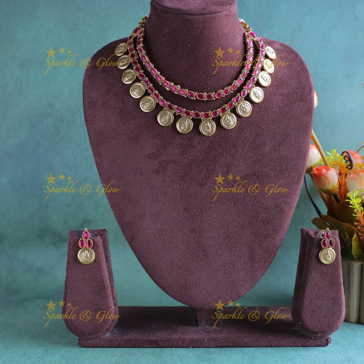 Gracious Oval Kemp layered coin short necklace-Ruby - Sparkle and Glow