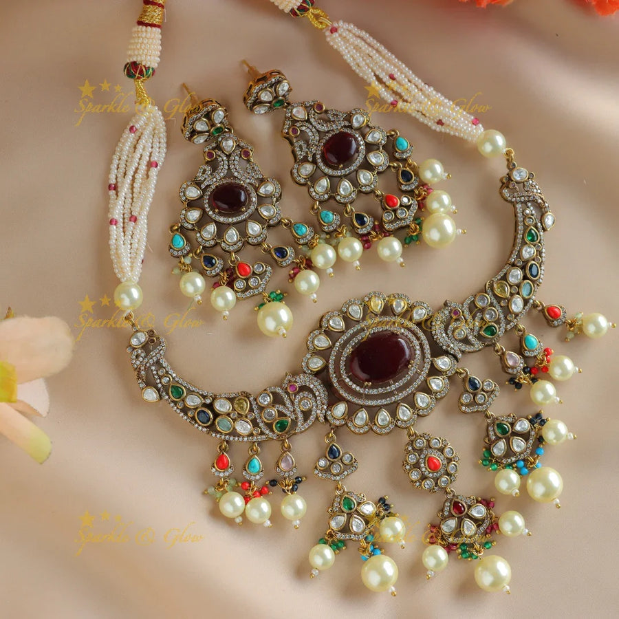 Gracious Dual tone Peacock Floral victorian AD pearl choker-Navarathna - Sparkle and Glow