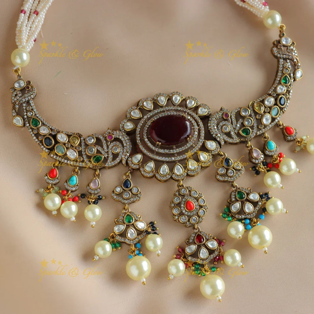 Gracious Dual tone Peacock Floral victorian AD pearl choker-Navarathna - Sparkle and Glow