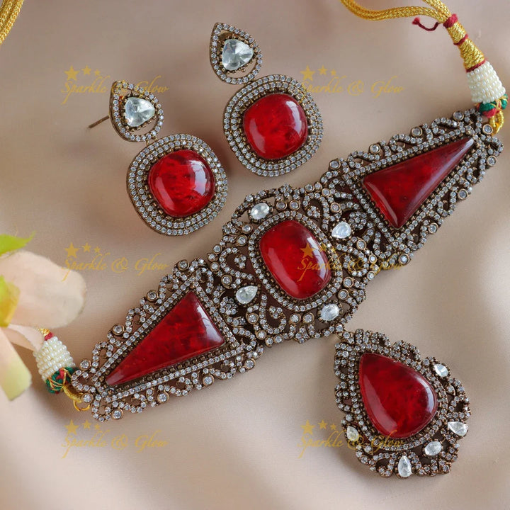 Gracious Onyx Sabyasachi inspired mirror work moissonite bridal choker-Red - Sparkle and Glow