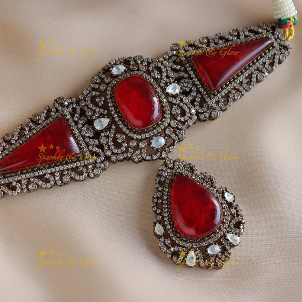 Gracious Onyx Sabyasachi inspired mirror work moissonite bridal choker-Red - Sparkle and Glow