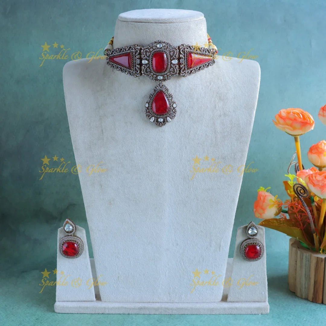 Gracious Onyx Sabyasachi inspired mirror work moissonite bridal choker-Red - Sparkle and Glow