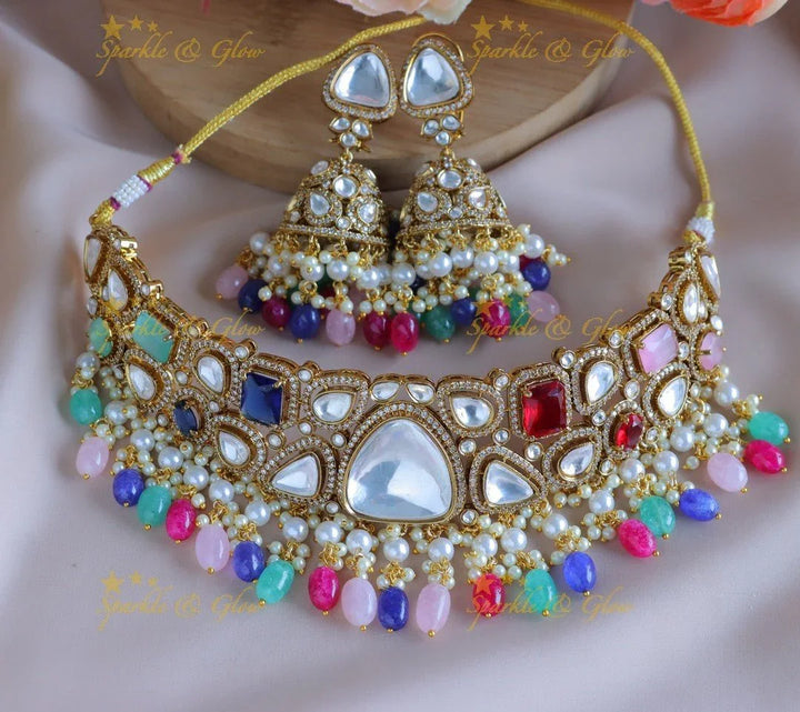 Gracious Multi shape Kundan guttapusalu Victorian AD choker with navarathna beads - Sparkle and Glow