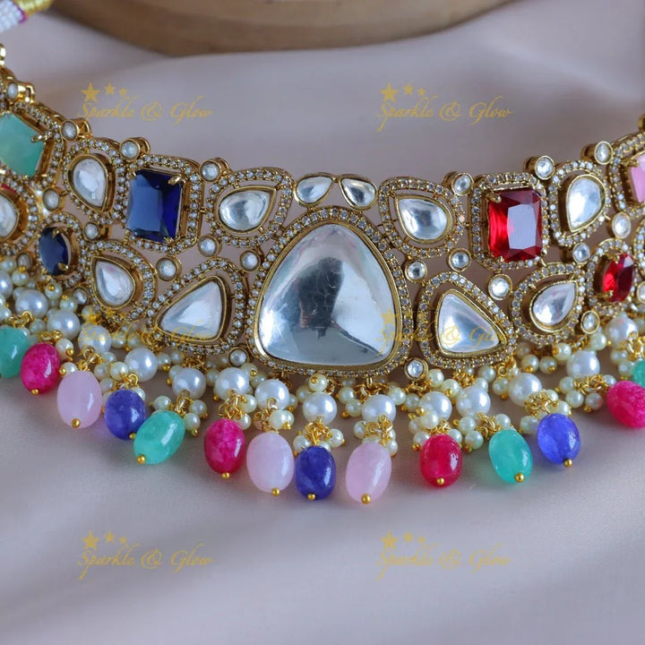 Gracious Multi shape Kundan guttapusalu Victorian AD choker with navarathna beads - Sparkle and Glow