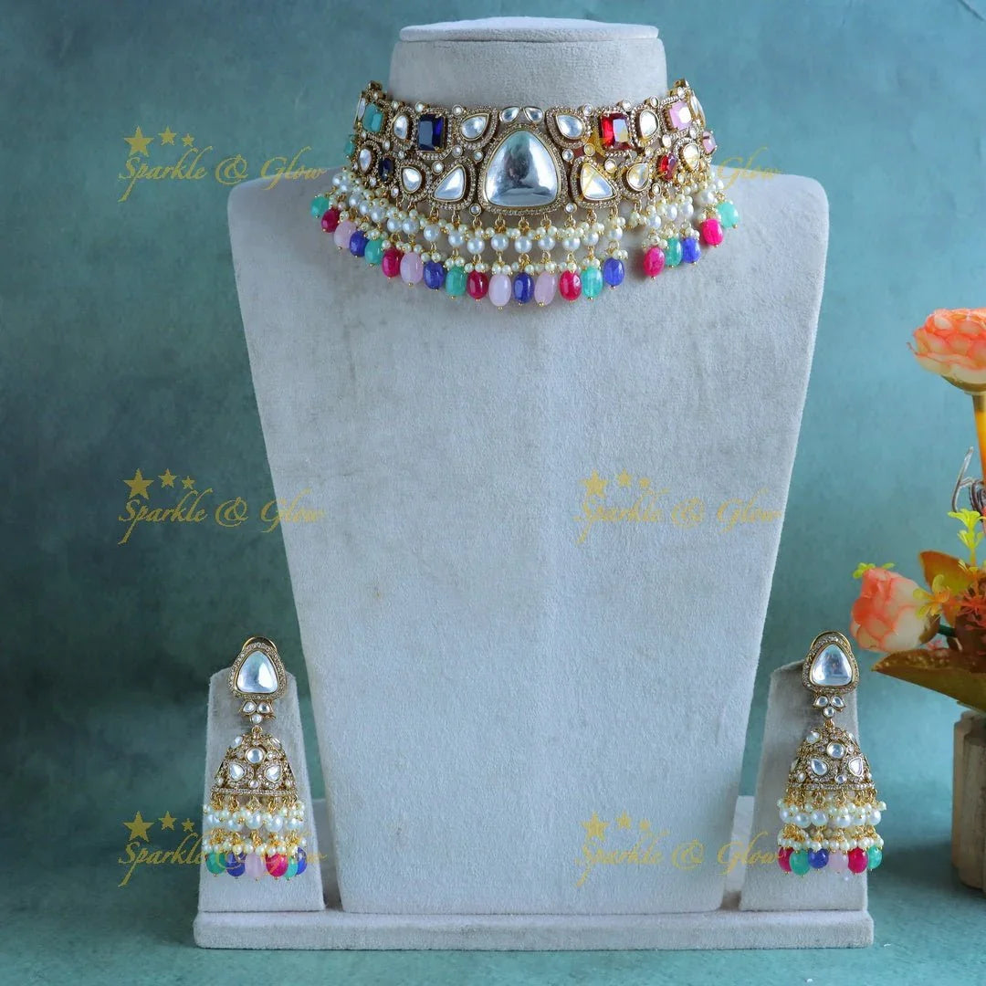 Gracious Multi shape Kundan guttapusalu Victorian AD choker with navarathna beads - Sparkle and Glow
