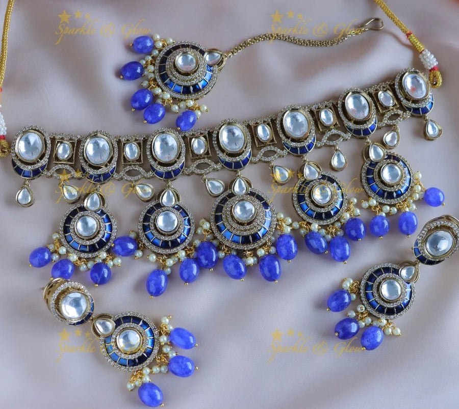 Intricately carved victorian AD choker with Kundan stones-Purple - Sparkle and Glow
