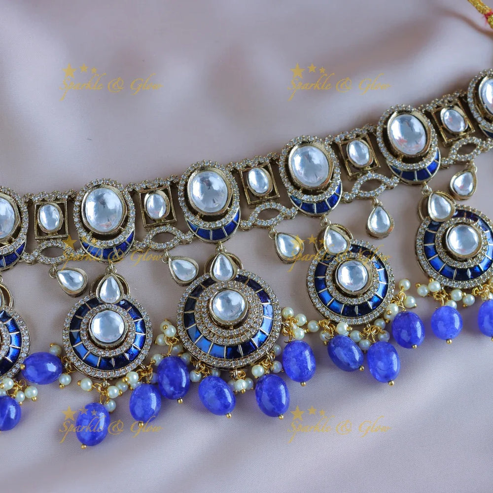 Intricately carved victorian AD choker with Kundan stones-Purple - Sparkle and Glow