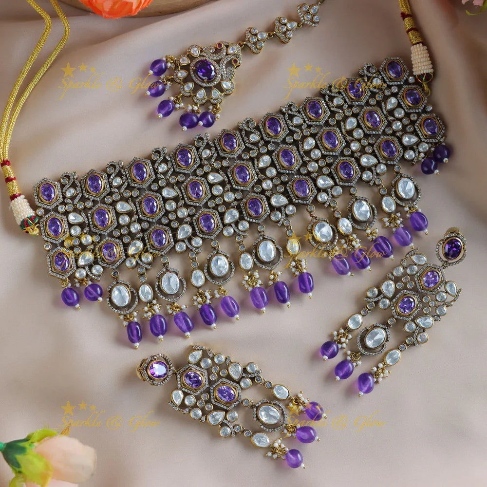 Statement Kundan Victorian AD choker with maangtikka-Voilet - Sparkle and Glow