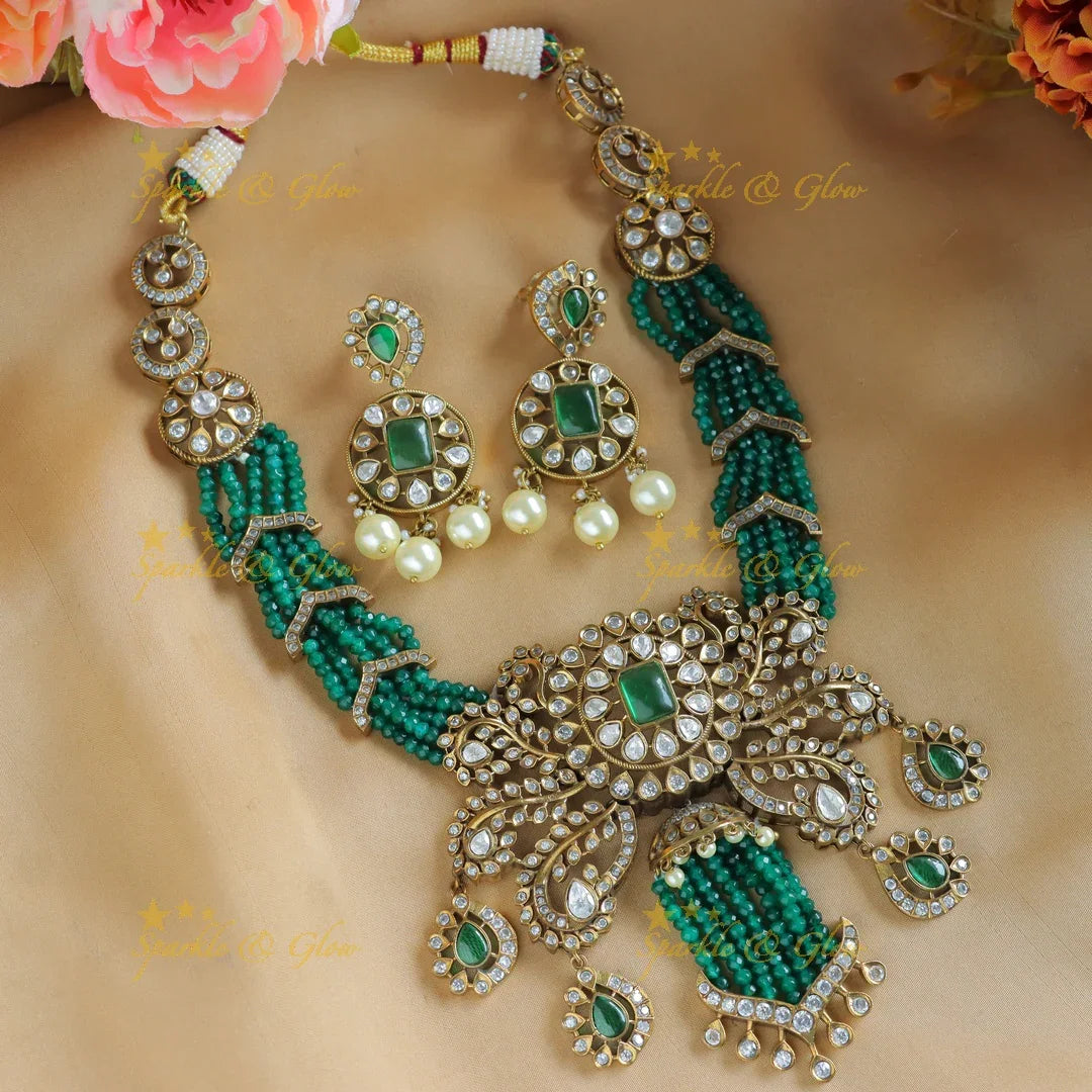 Stunning Leaf Floral carved Victorian AD short necklace with multilayered red beads - Sparkle and Glow