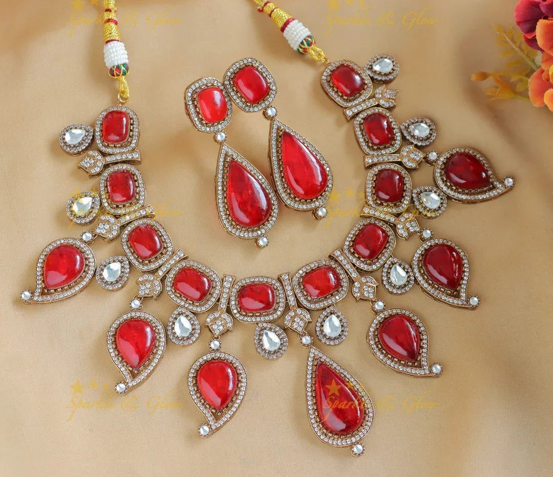 Stunning Kundan Mango design Victorian AD short necklace-Green - Sparkle and Glow