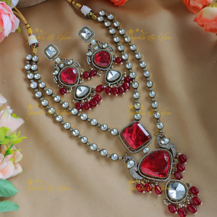 Elegant Square diamond pendant layered Victorian AD Kundan necklace-Red - Sparkle and Glow