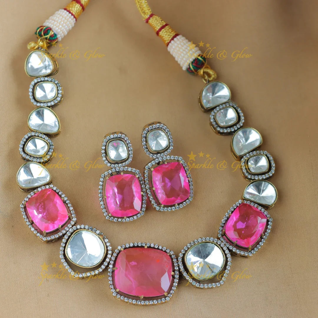 Stunning Goemetric design Victorian AD kundan short necklace-Green - Sparkle and Glow