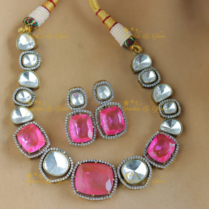 Stunning Goemetric design Victorian AD kundan short necklace-Green - Sparkle and Glow