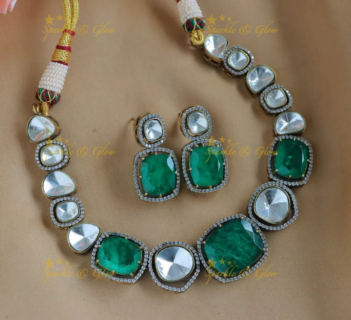 Stunning Goemetric design Victorian AD kundan short necklace-Green - Sparkle and Glow