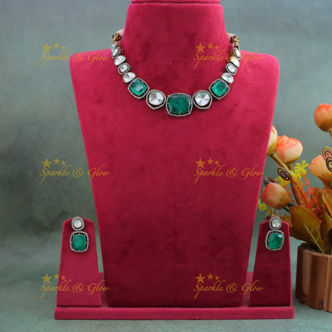 Stunning Goemetric design Victorian AD kundan short necklace-Green - Sparkle and Glow