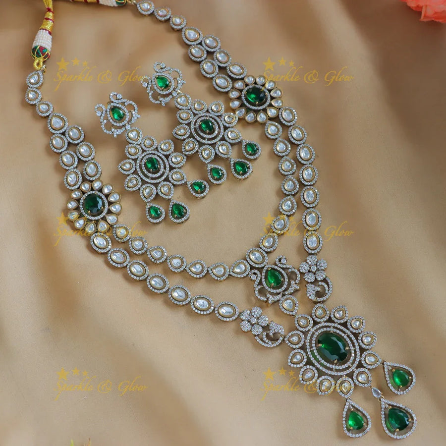 Grand Floral pendant layered Victorian AD necklace-Green - Sparkle and Glow