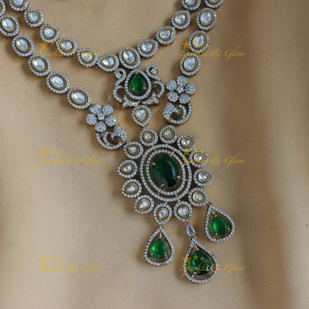 Grand Floral pendant layered Victorian AD necklace-Green - Sparkle and Glow