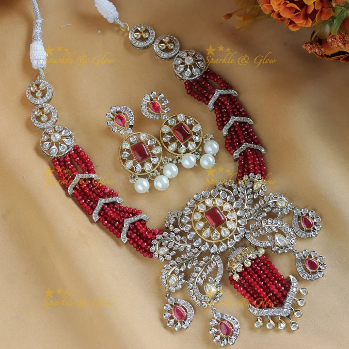 Stunning Leaf Floral carved Victorian AD short necklace with multilayered red beads - Sparkle and Glow