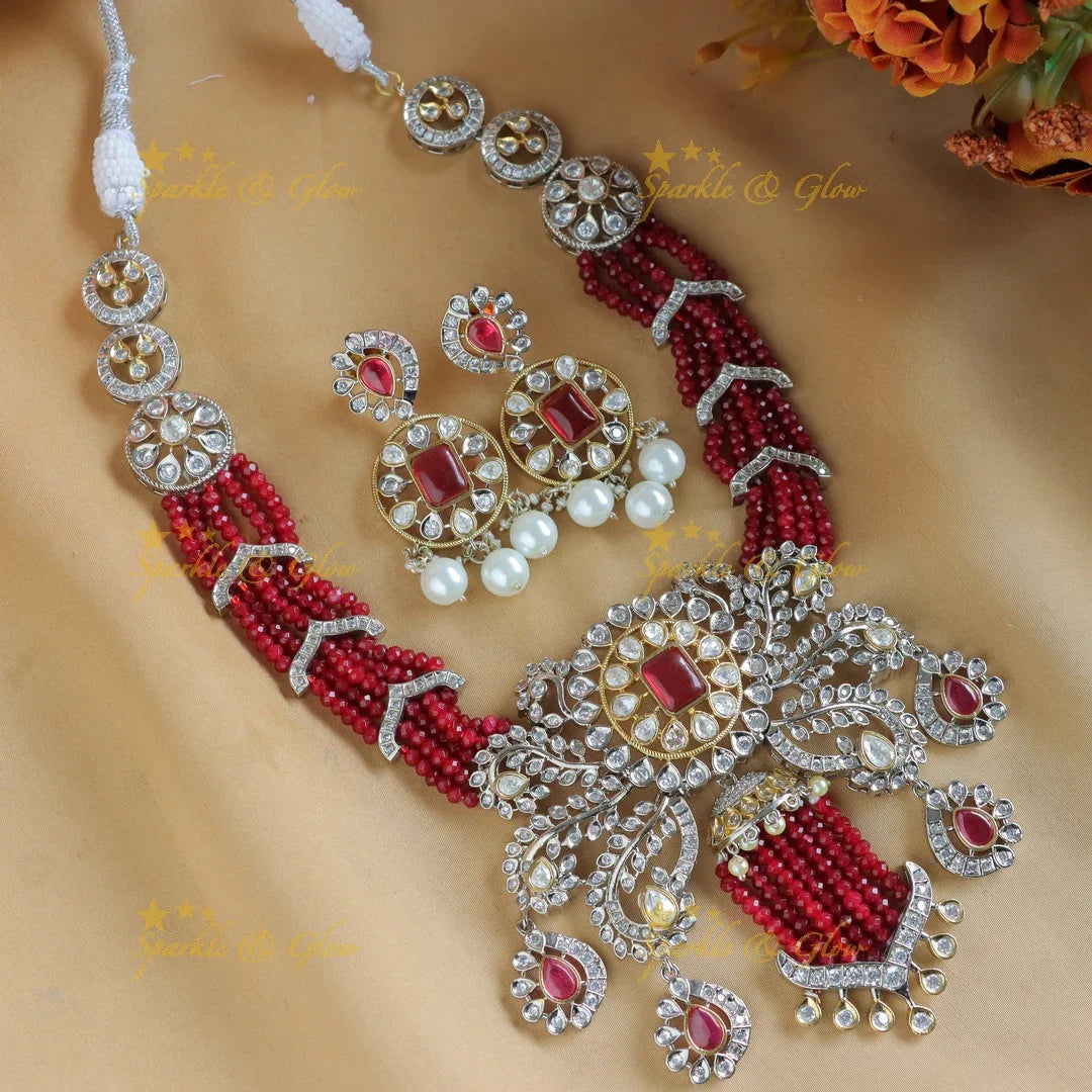 Stunning Leaf Floral carved Victorian AD short necklace with multilayered red beads - Sparkle and Glow