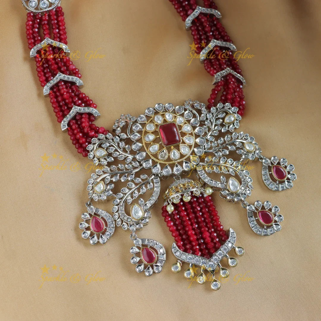 Stunning Leaf Floral carved Victorian AD short necklace with multilayered red beads - Sparkle and Glow