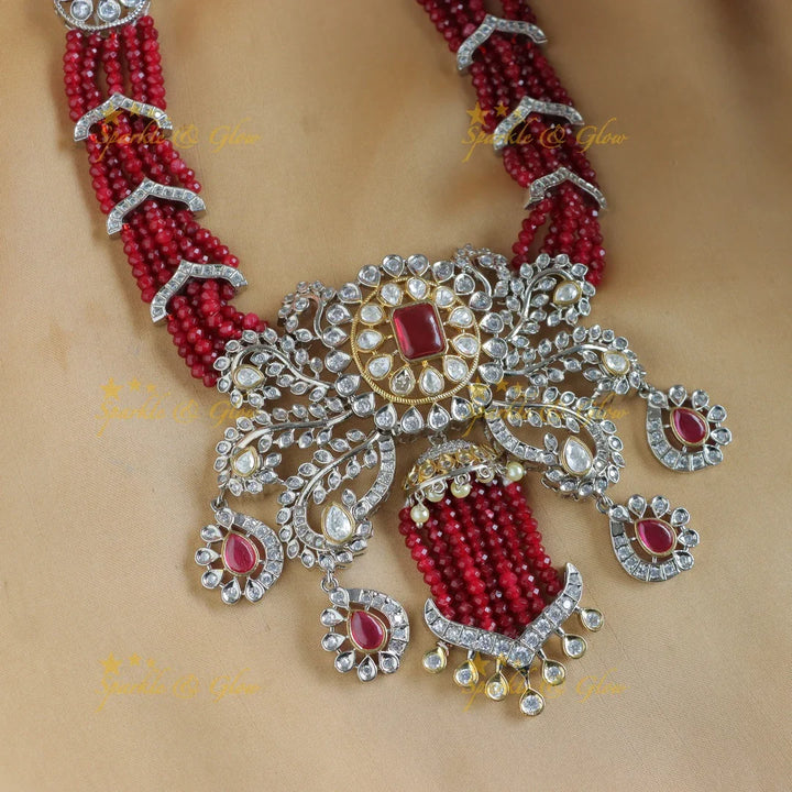 Stunning Leaf Floral carved Victorian AD short necklace with multilayered red beads - Sparkle and Glow