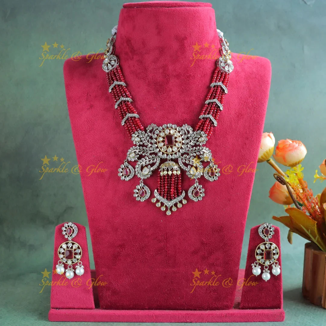 Stunning Leaf Floral carved Victorian AD short necklace with multilayered red beads - Sparkle and Glow