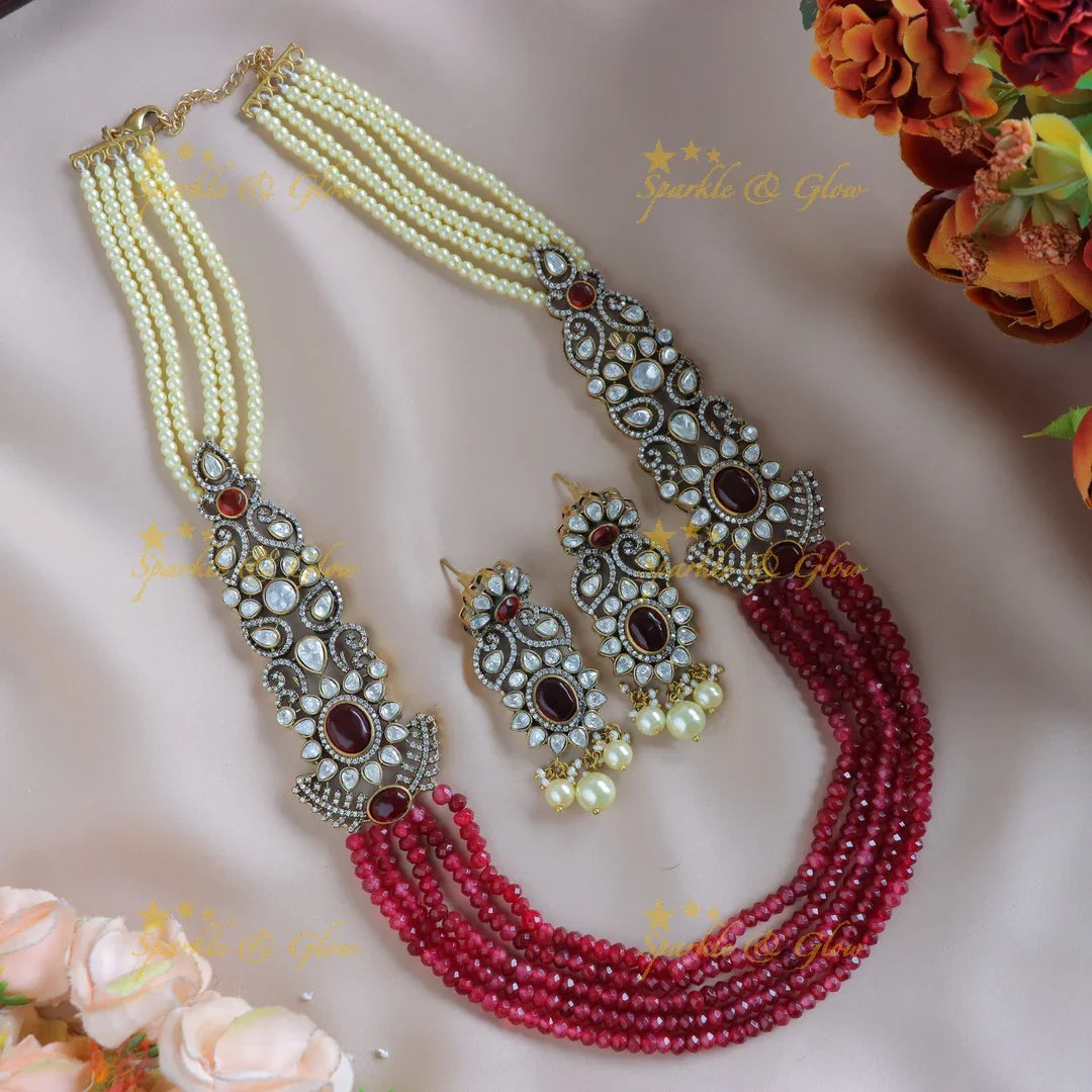 Grand Floral Victorian AD Haram with Multilayered Red beads and pearls-Green - Sparkle and Glow