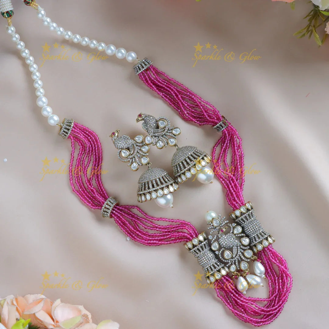 Stunning Victorian AD Peacock pendant Haram with Multilayered blue beads-Blue - Sparkle and Glow