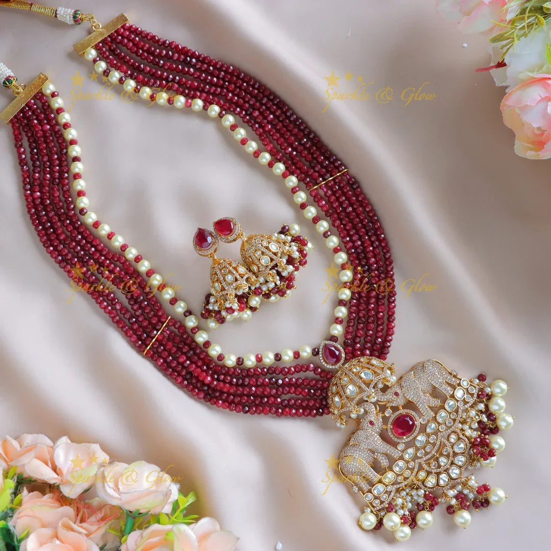 Grand Dual tone Elephant Floral carved Victorian AD haram with multilayered red beads - Sparkle and Glow
