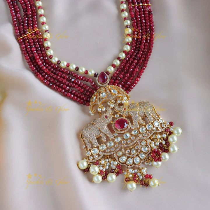 Grand Dual tone Elephant Floral carved Victorian AD haram with multilayered red beads - Sparkle and Glow