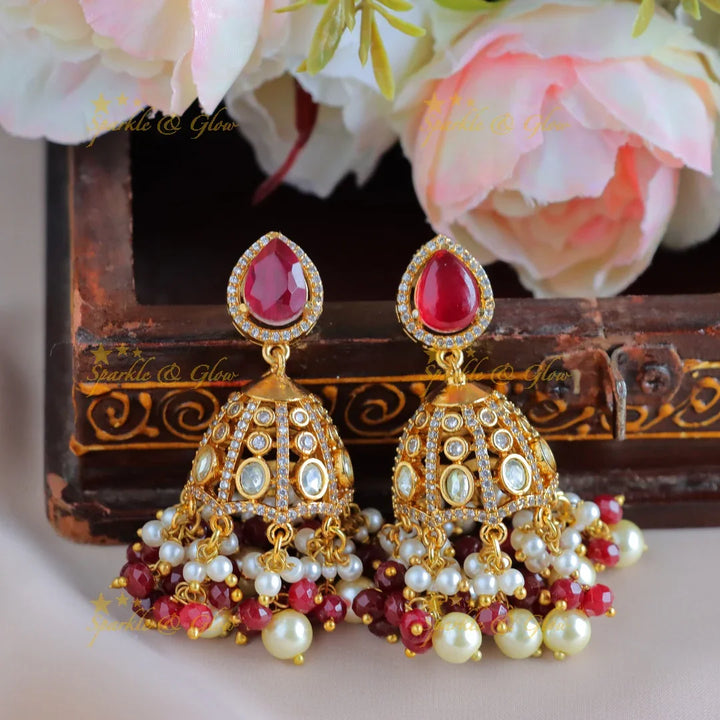 Grand Dual tone Elephant Floral carved Victorian AD haram with multilayered red beads - Sparkle and Glow