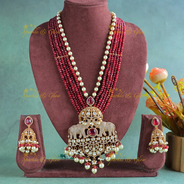 Grand Dual tone Elephant Floral carved Victorian AD haram with multilayered red beads - Sparkle and Glow