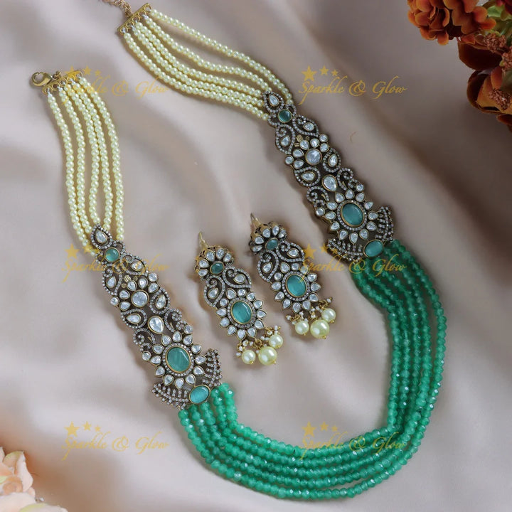 Grand Floral Victorian AD Haram with Multilayered Red beads and pearls-Green - Sparkle and Glow