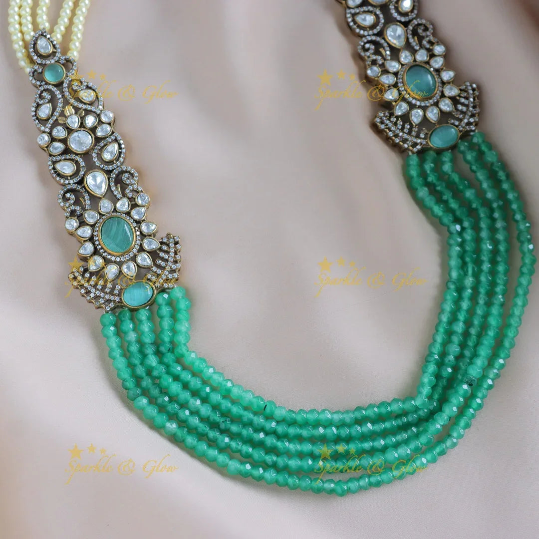 Grand Floral Victorian AD Haram with Multilayered Red beads and pearls-Green - Sparkle and Glow