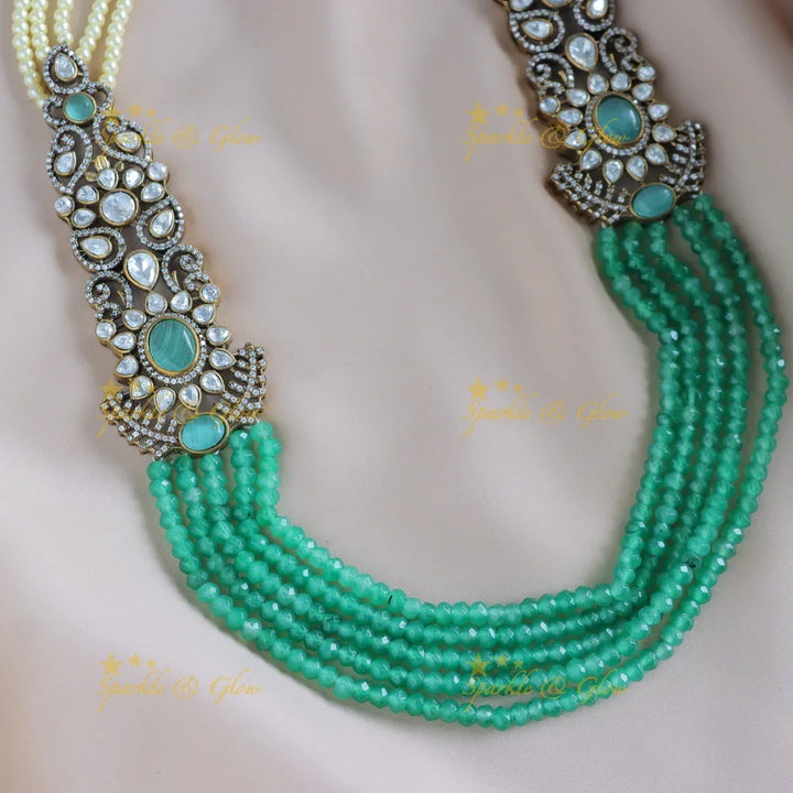 Grand Floral Victorian AD Haram with Multilayered Red beads and pearls-Green - Sparkle and Glow