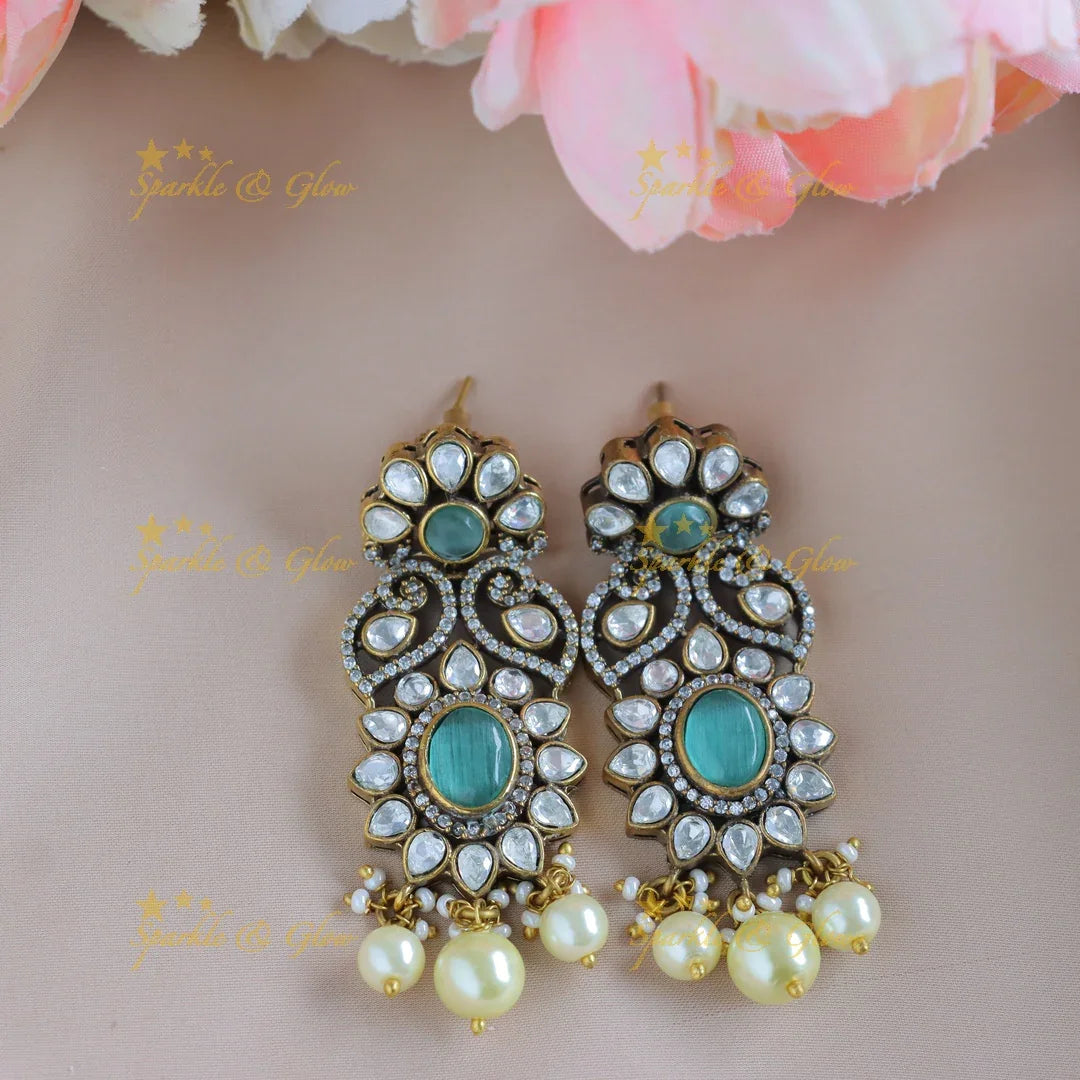 Grand Floral Victorian AD Haram with Multilayered Red beads and pearls-Green - Sparkle and Glow