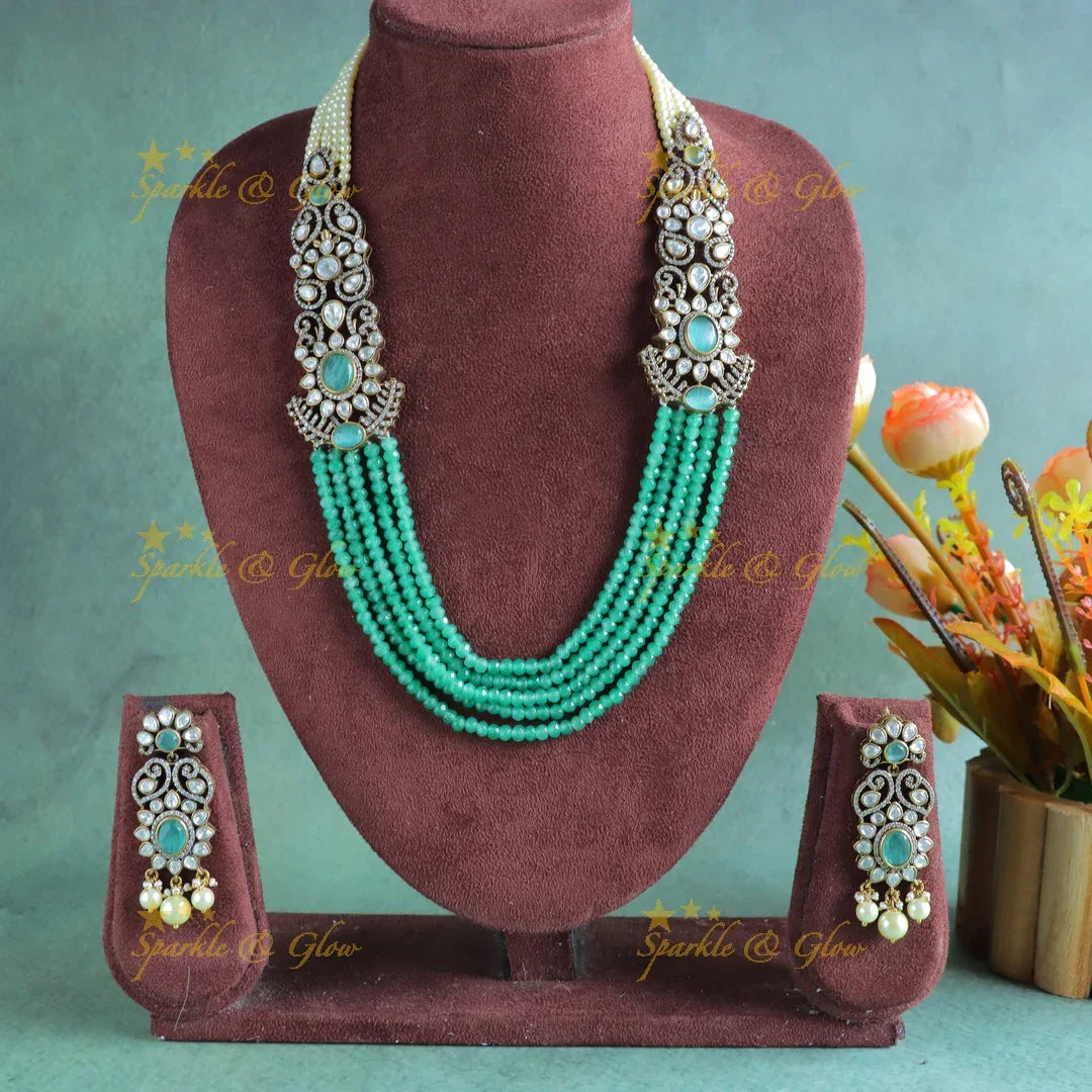 Grand Floral Victorian AD Haram with Multilayered Red beads and pearls-Green - Sparkle and Glow