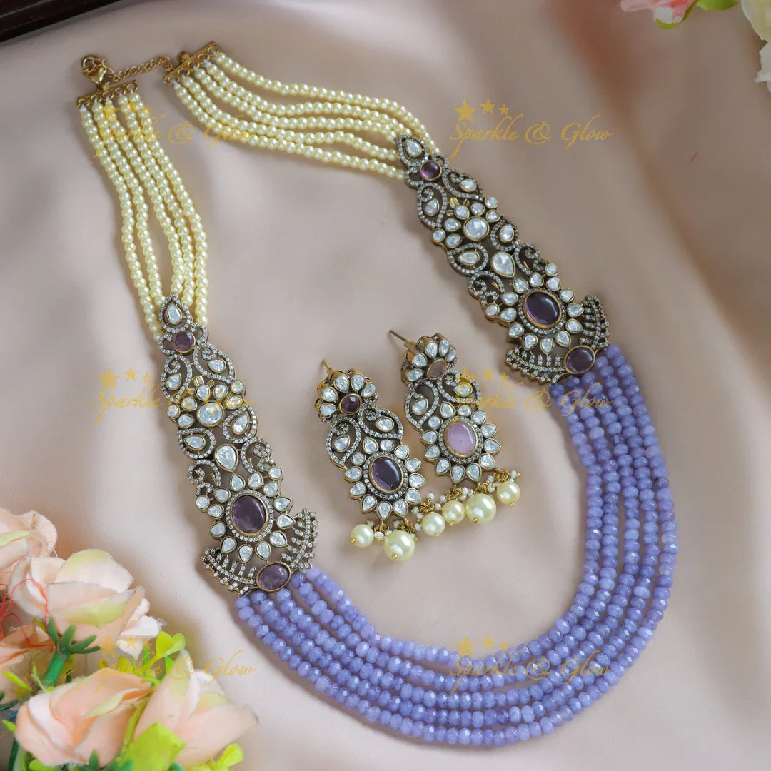 Grand Floral Victorian AD Haram with Multilayered Red beads and pearls-Green - Sparkle and Glow