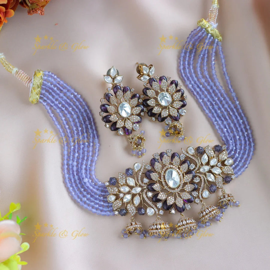 Gracious Floral Leaf pendant carved Victorian AD choker with jhumuka hanging-Lavender - Sparkle and Glow