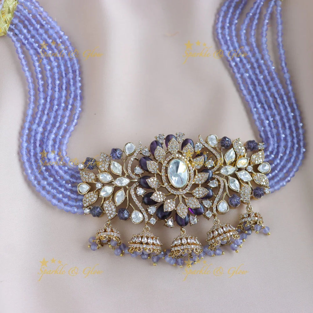 Gracious Floral Leaf pendant carved Victorian AD choker with jhumuka hanging-Lavender - Sparkle and Glow