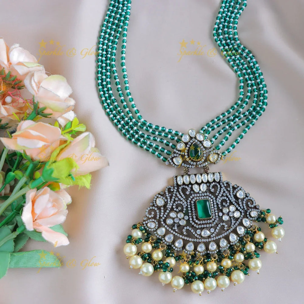 Stunning Rhombus Floral pendant carved Victorian AD haram-Green - Sparkle and Glow