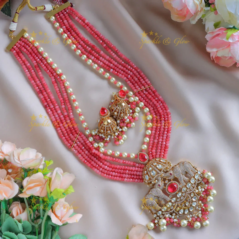 Grand Dual tone Elephant Floral carved Victorian AD haram with multilayered red beads - Sparkle and Glow